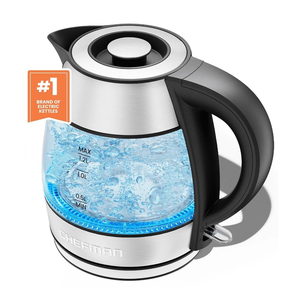 brand new Chefman Rapid-Boil 1.2L Electric Tea Kettle = Glass + Stainless-Steel